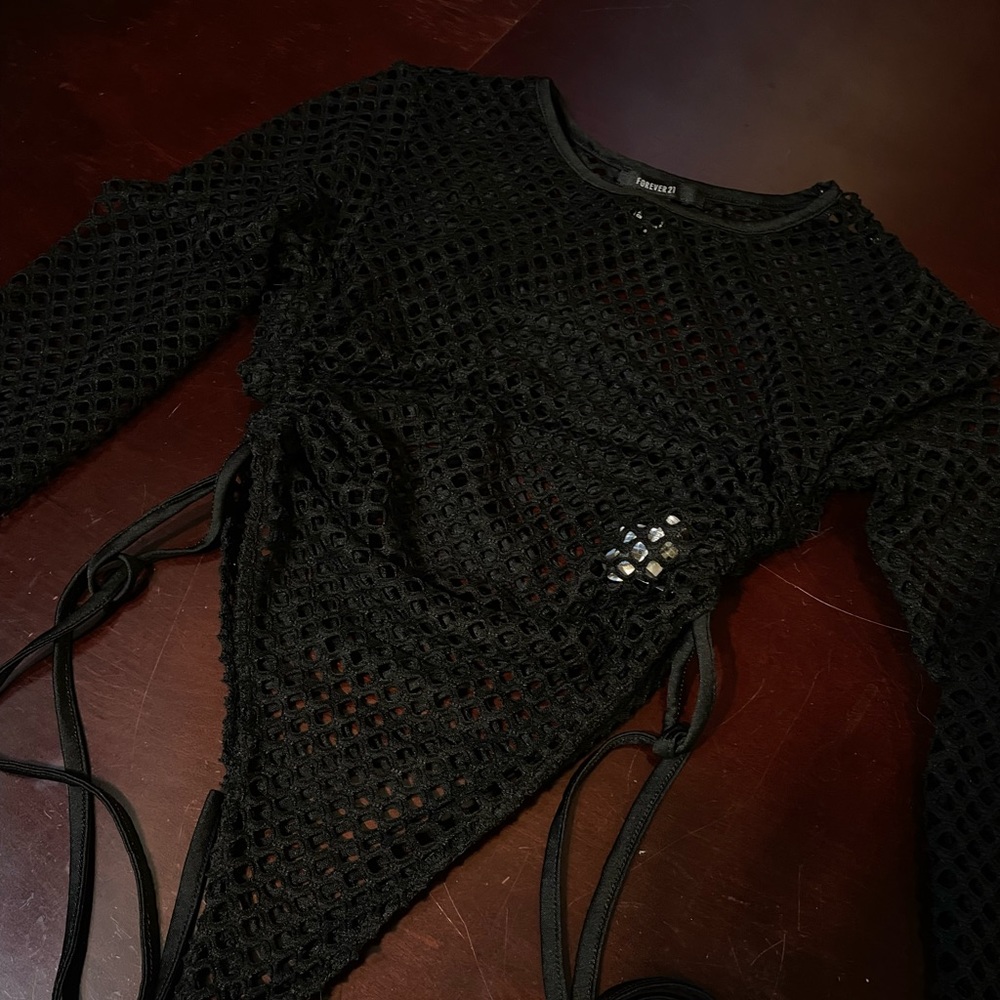 Black mesh long sleeve bodysuit